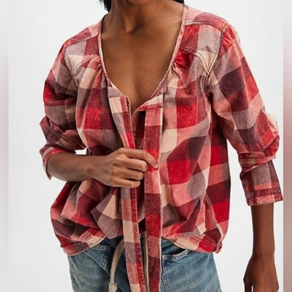 Free People We The Free‎ Big Bow Plaid Pullover Red Combo Sz Small NWT